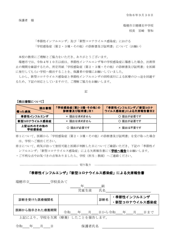 【保護者向け文書：小中学校用】R6季節性インフルエンザ・新型コロナ対応0609のサムネイル