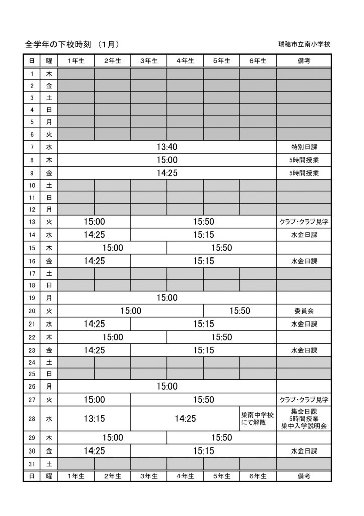 R7　1月下校時刻 （全学年）のサムネイル