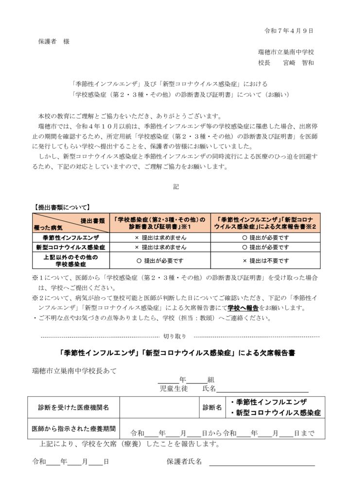 ①「季節性インフルエンザ」「新型コロナウイルス感染症」による欠席報告書のサムネイル